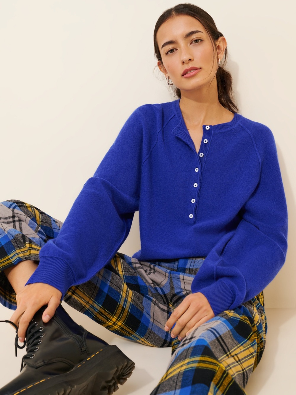 Free People Porta Cashmere Henley Cobalt Blue